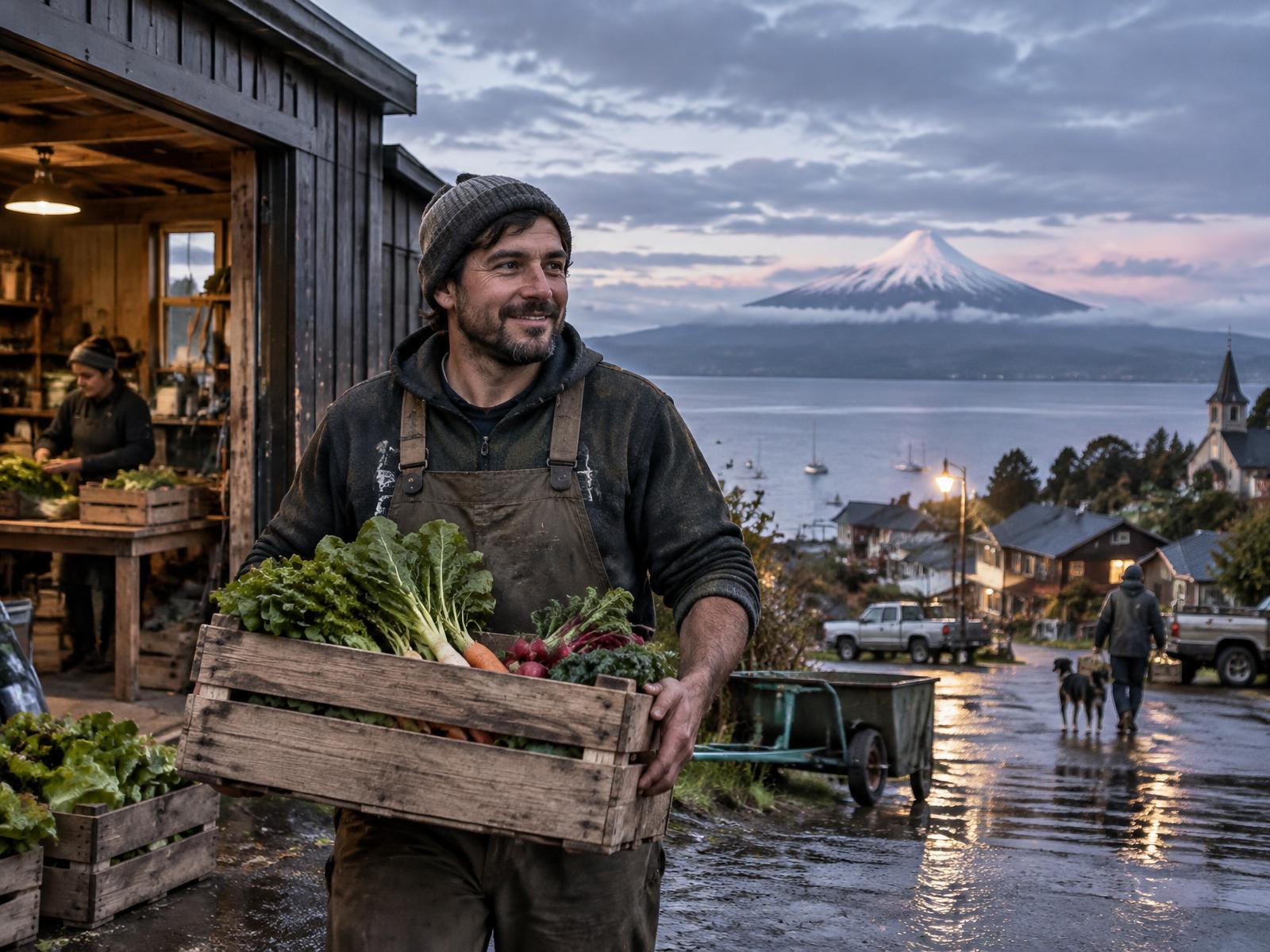 Productor de Puerto Varas con el lago y el volcán Osorno al fondo