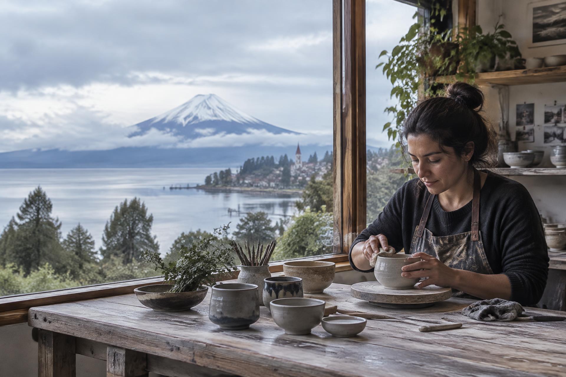 Emprendedora local trabajando frente al Lago Llanquihue y el volcán Osorno